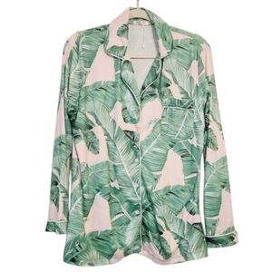 Ekouaer | Women's Pink and Green Tropical Leaf Print Pajama Top (Size Small)